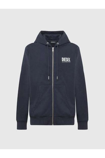 Navy Diesel full-zip hoodie with hood, drawstrings, and chest logo print