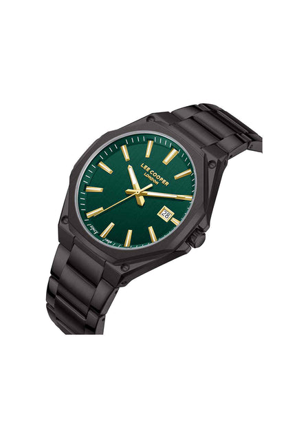 Lee Cooper gun-tone wristwatch, green dial with gold hands, black link band