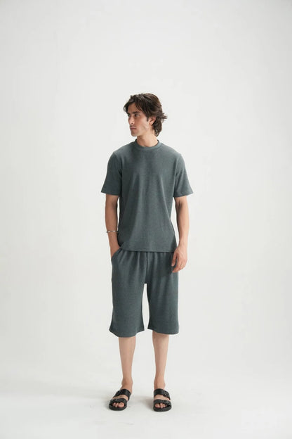 Gray two-piece lounge set with crew-neck T-shirt and knee-length shorts
