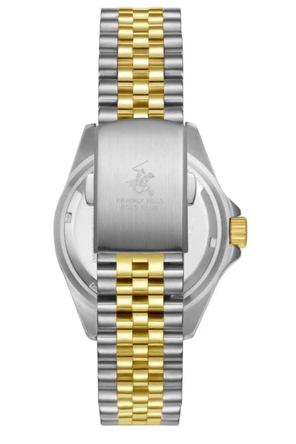 Two-tone metal watch band and clasp with silver case and gold center stripe