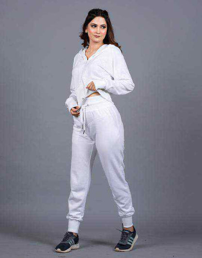 White zip hoodie and jogger set with drawstring waist and tapered cuffed legs.