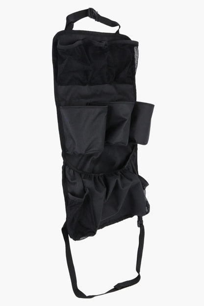 Black backseat organizer with side pocket, front flap, and carry straps