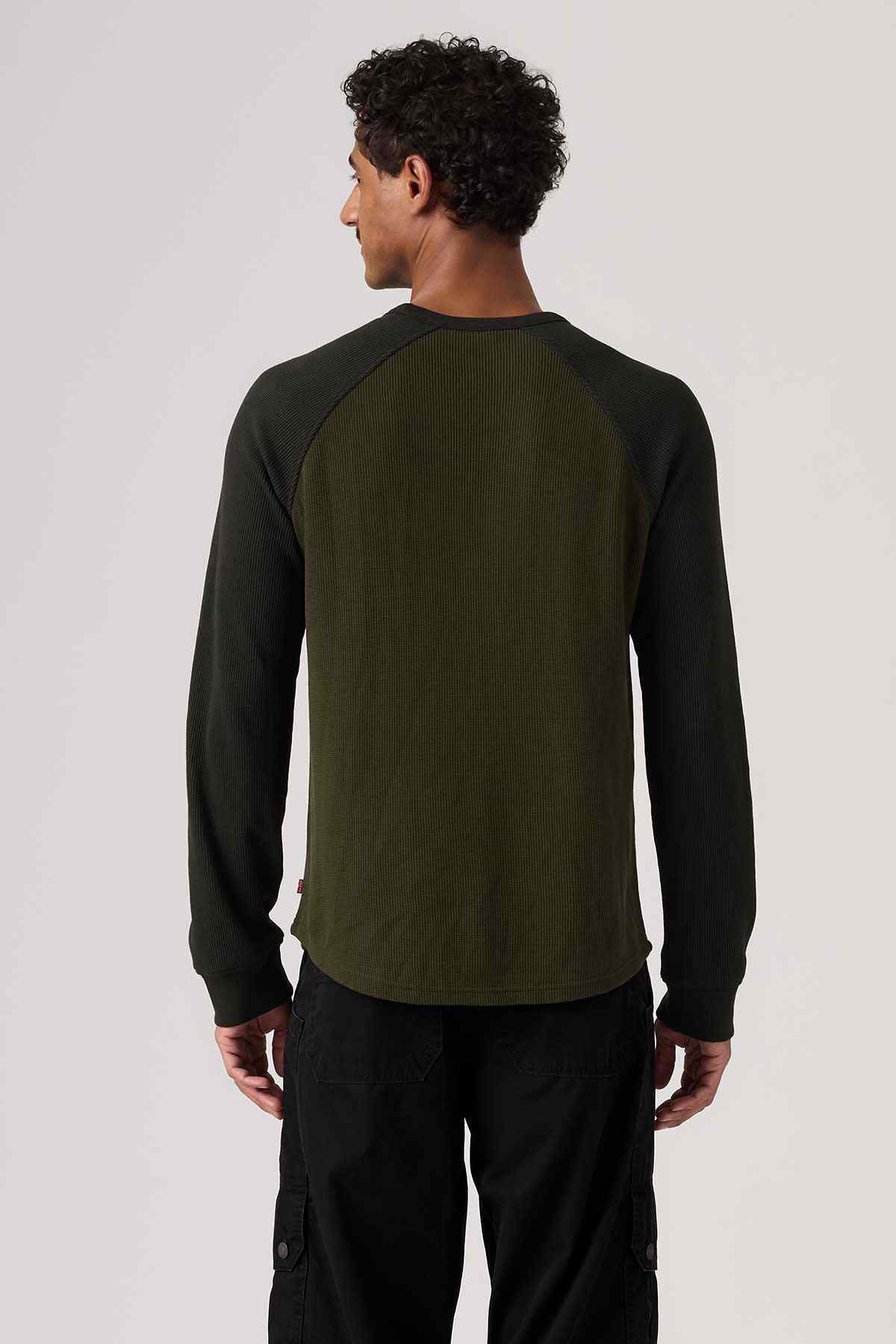 Olive green raglan long-sleeve T-shirt back view with crew neck and dark sleeves