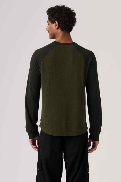 Olive green raglan long-sleeve T-shirt back view with crew neck and dark sleeves