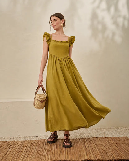 Mustard flowy midi dress with square neckline, short ruffled sleeves, full skirt