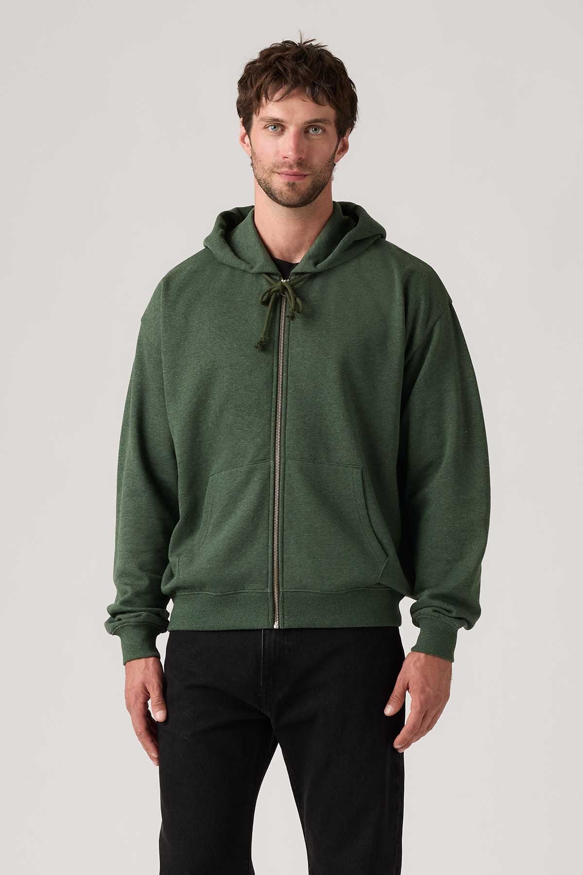 Levi's men's green zip-up hoodie with hood, drawstrings, and front kangaroo pocket