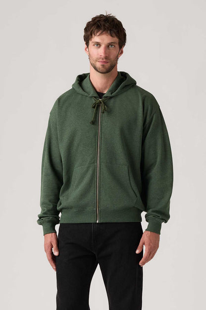 Levi's men's green zip-up hoodie with hood, drawstrings, and front kangaroo pocket