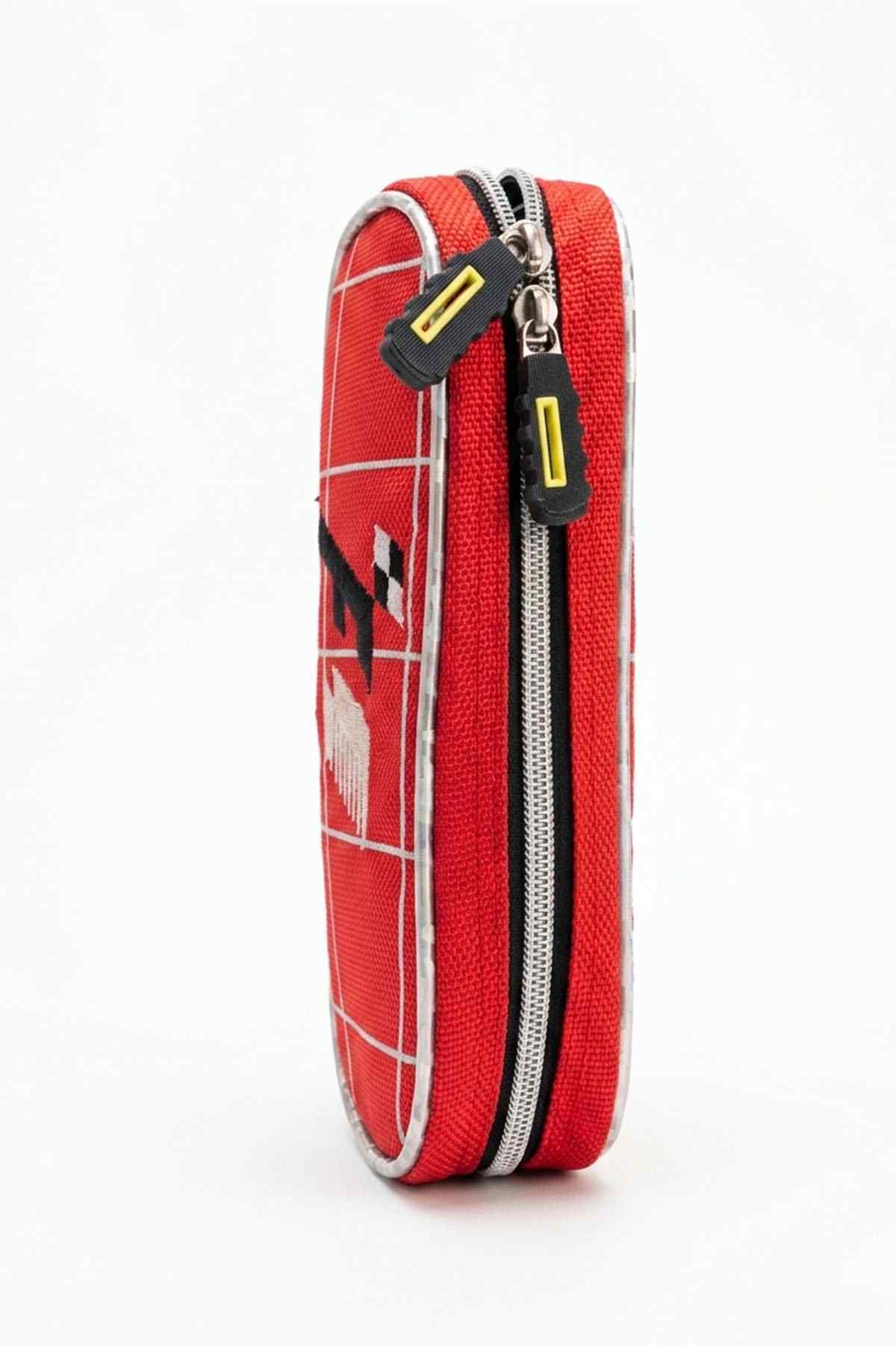 Red grid racing car pencil case side view with two zipper tabs and striped trim