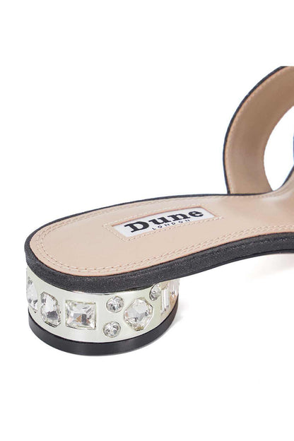 Jeweled block heel sandal with black cross strap and branded insole