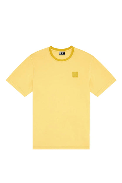 Yellow short-sleeve crewneck T-shirt with small chest logo patch, flat lay