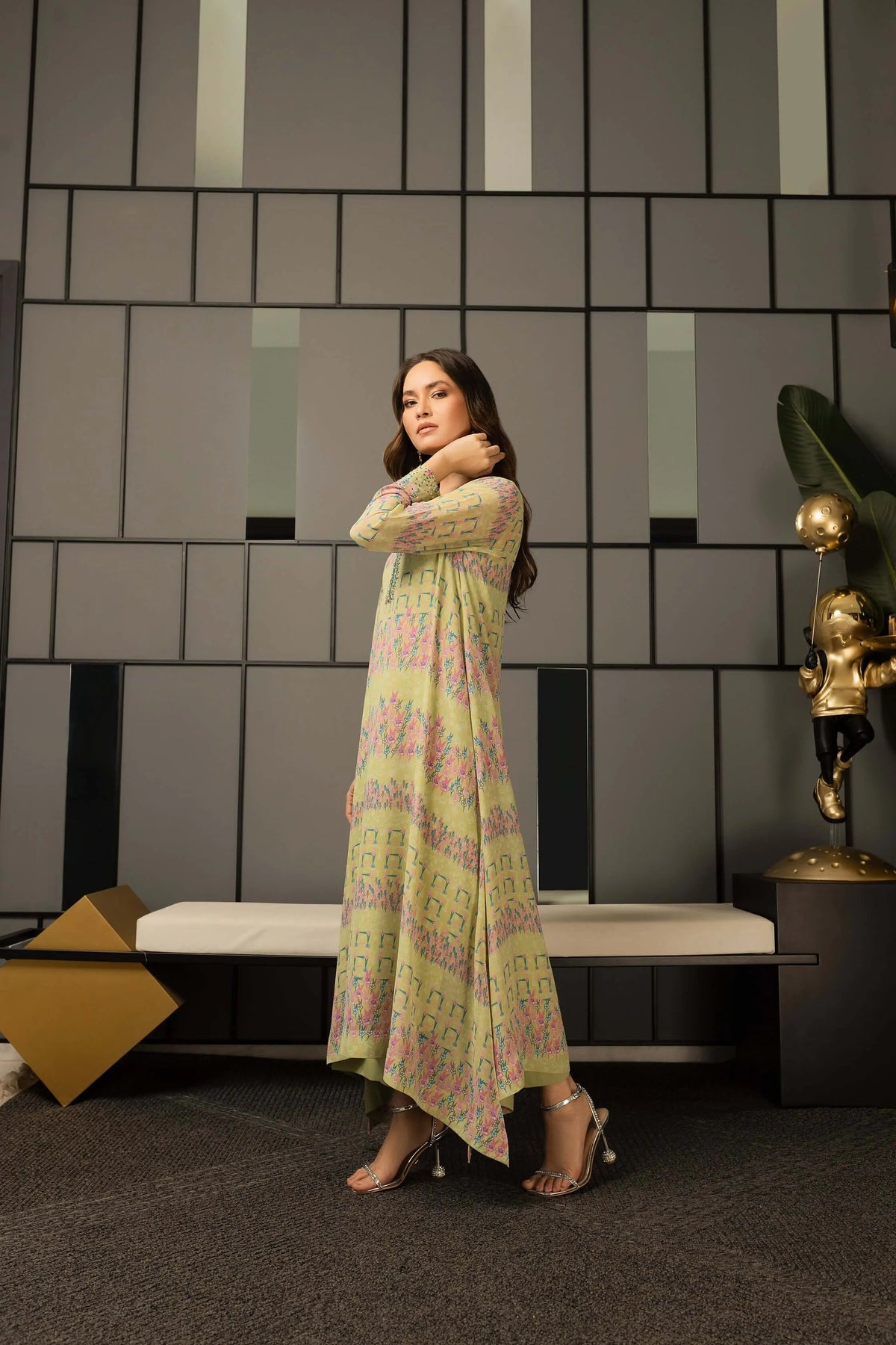 Pistachio printed maxi dress viewed from back/side with long sleeves