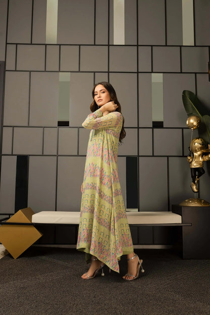 Pistachio printed maxi dress viewed from back/side with long sleeves