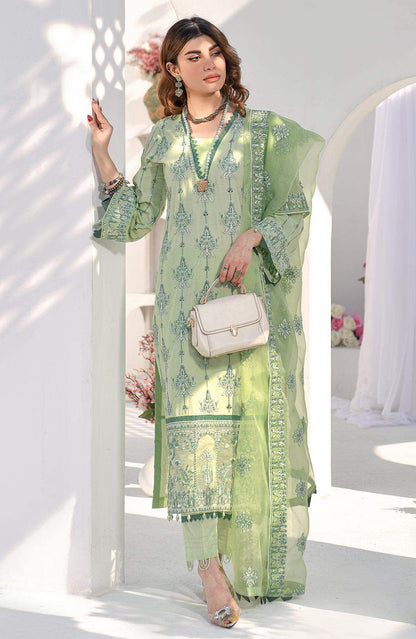 Fiona light green embroidered long dress with sheer side sleeves and scalloped hem
