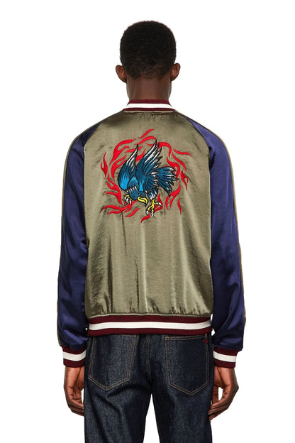 Diesel satin bomber jacket back with red-and-blue dragon graphic and ribbed hem