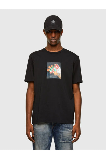 Diesel black crew-neck T-shirt with colorful square front graphic