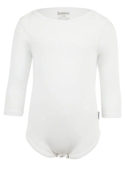 White long-sleeve baby bodysuit with snap crotch