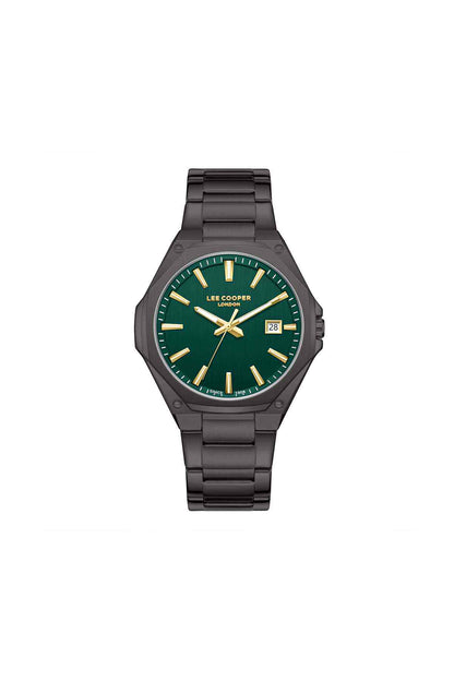 Lee Cooper gun-tone wristwatch with green dial and black metal bracelet