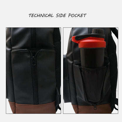Black backpack with front zipper and side pocket