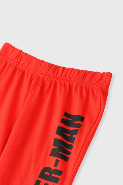 Kids' Disney Spider-Man red jogger pants with vertical 'SPIDER-MAN' print