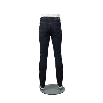 Dark blue denim jeans front view with zipper fly and five-pocket styling