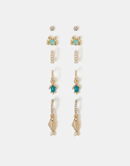 Gold-tone earrings with turquoise center studs and long crystal mesh drops