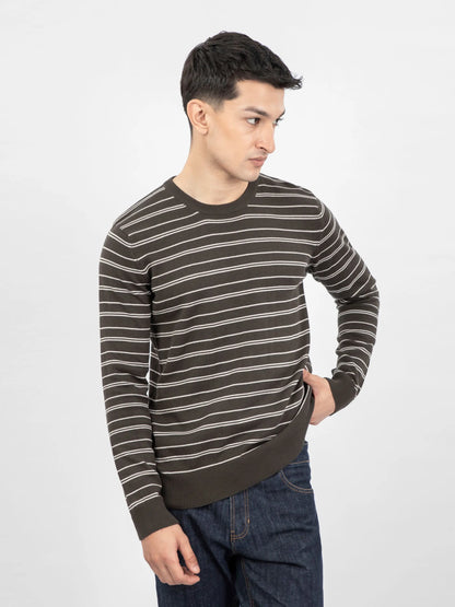 Brumano men's striped cotton crewneck sweater side view, ribbed waistband and cuffs