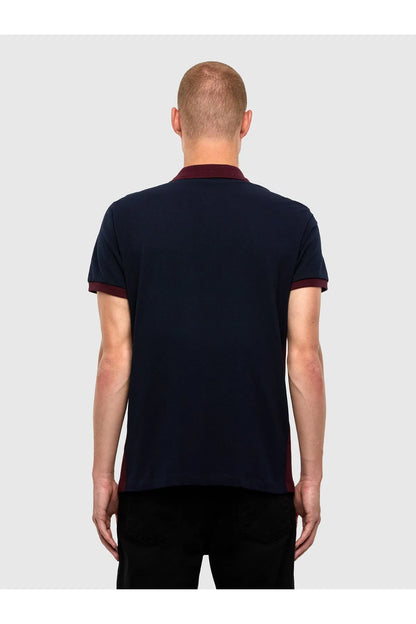 Diesel dark blue polo shirt with maroon collar and button placket, back view