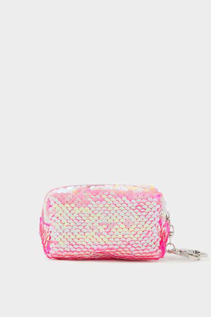 Pastel sequin crossbody bag with zipper top and silver chain strap