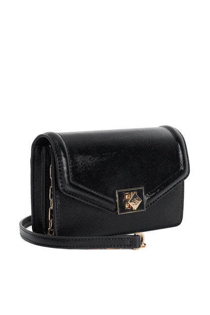 Black small crossbody bag with front flap clasp and adjustable strap, side view