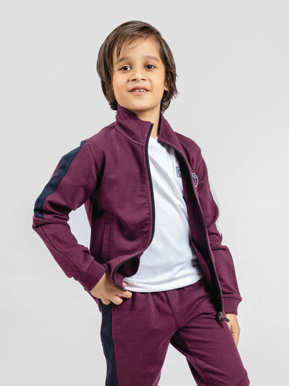 Burgundy zip-up kids tracksuit jacket with dark side stripes and matching pants