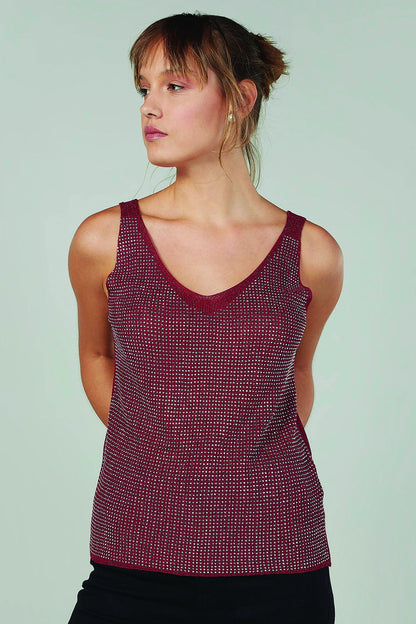 Red sleeveless V-neck tank top with fine textured knit pattern