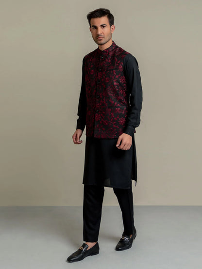 Men's burgundy floral print front shirt with black sleeves, button-up stand collar