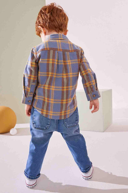 NEXT kids plaid shirt, back view with button placket and long sleeves