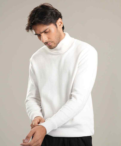 White fitted turtleneck sweater with long sleeves and ribbed collar