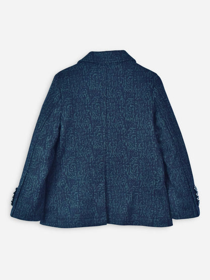 Blue boys blazer back with high collar and flared hem