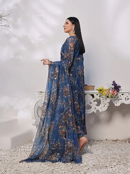 Blue floral print maxi dress with long sleeves and gathered skirt