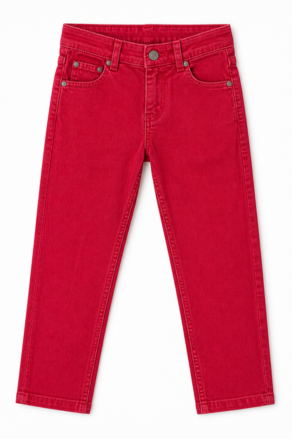 Red denim jeans front view with belt loops and button closure
