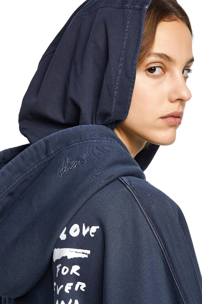 Navy hoodie with white 'love' graphic print on sleeve