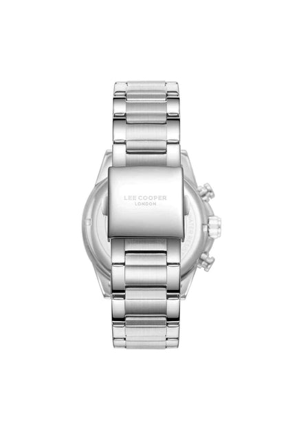 Lee Cooper silver metal wristwatch back view with linked bracelet and clasp