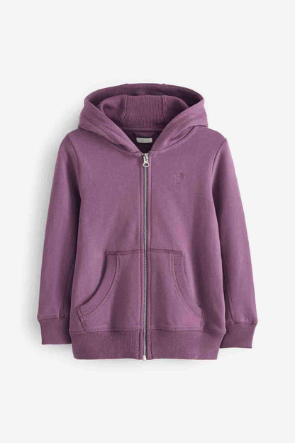Purple zip-up hoodie with hood, front pockets, silver zipper