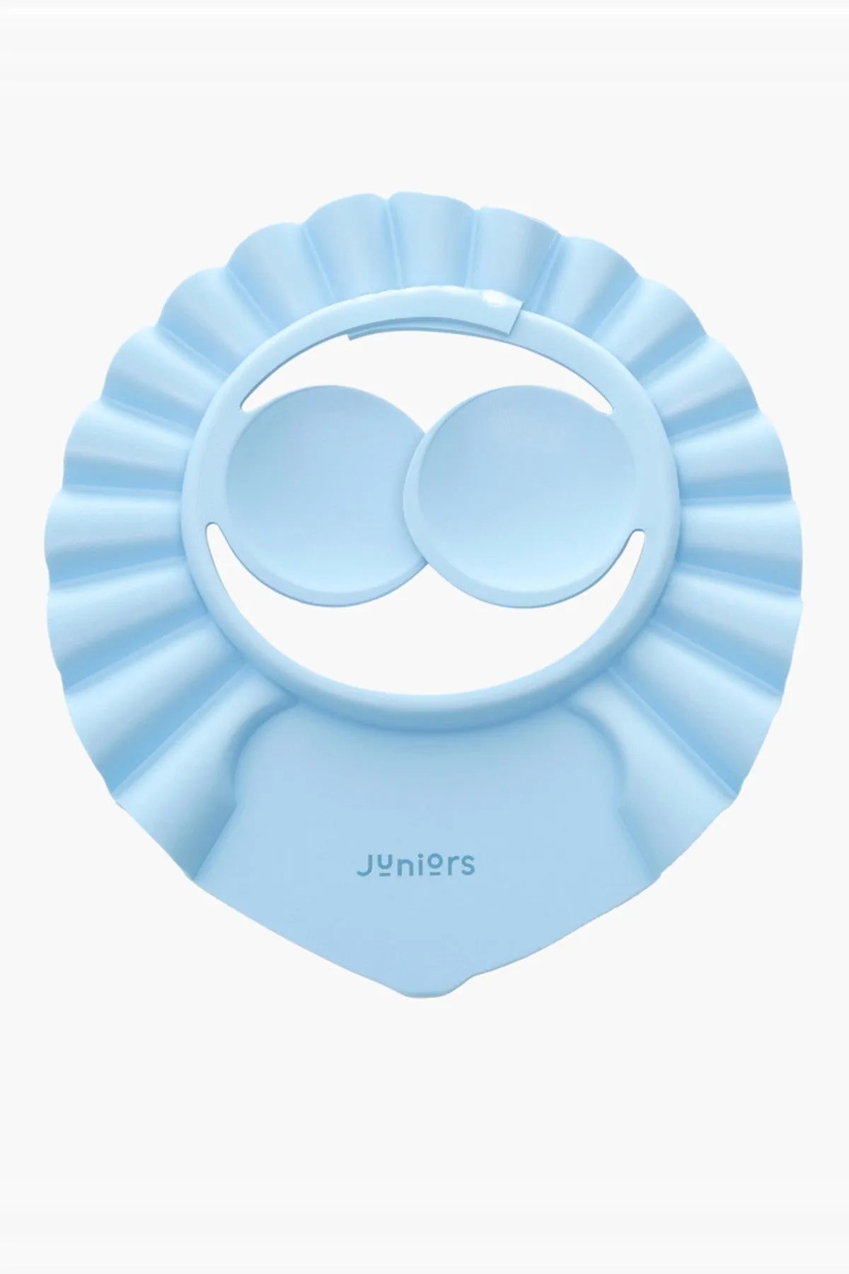 Light blue baby bath visor with ruffled edge and attached eye cups