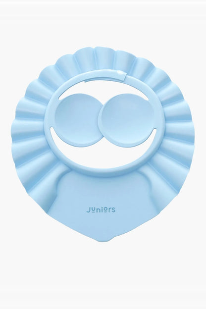Light blue baby bath visor with ruffled edge and attached eye cups