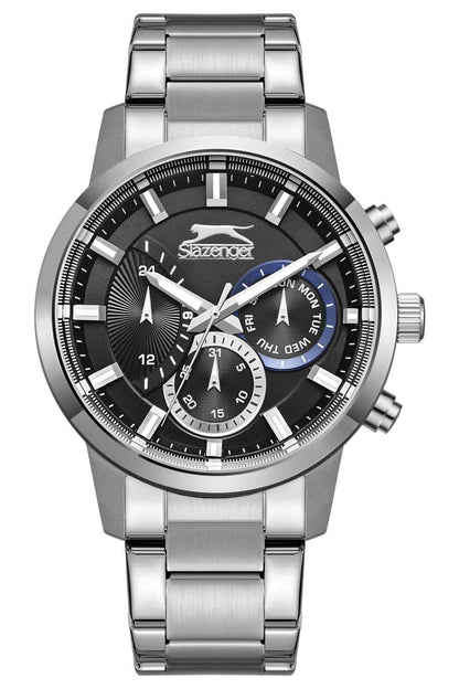 Silver metal wristwatch with black dial, chronograph subdials and three hands