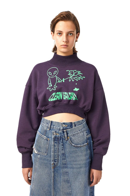 Diesel cropped purple sweatshirt with green alien and planet graphic, crewneck