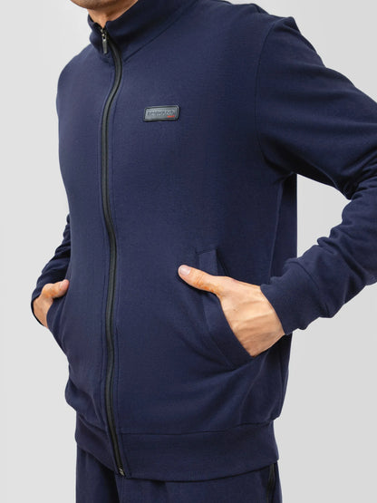 Brumano blue zip-up jacket with stand collar, zip front, chest logo patch