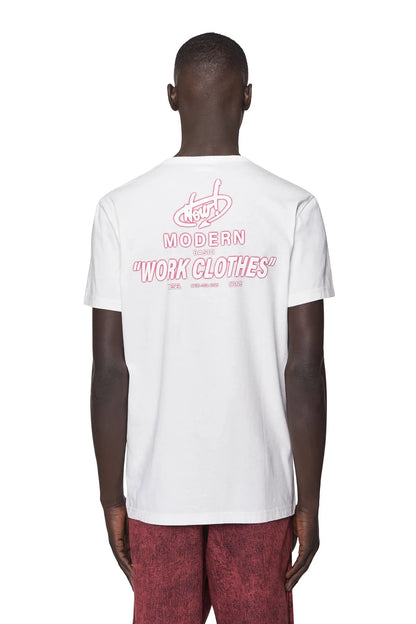White crew-neck T-shirt with pink back graphic