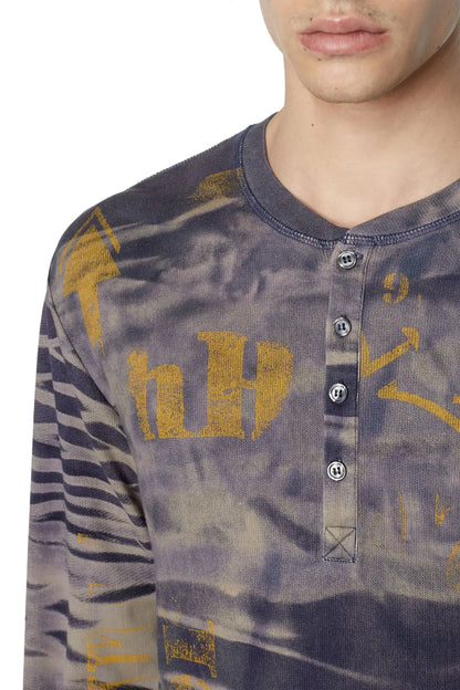 Men's long-sleeve henley shirt close-up, dark blue with yellow print and button placket