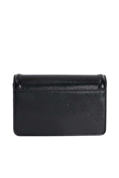 Black small crossbody bag back panel with curved flap edge, no front hardware