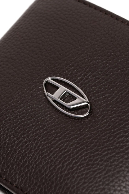 Brown leather wallet with oval metal logo plaque