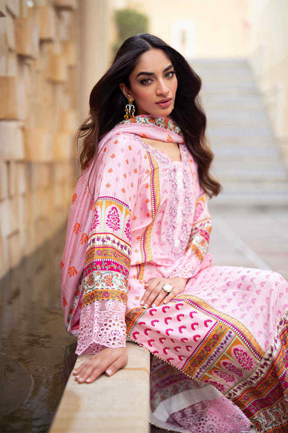 Baby pink embroidered kurta with dupatta collar, colorful patchwork motifs
